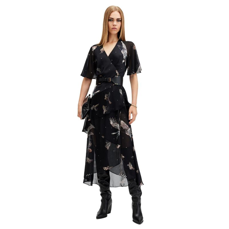 AllSaints Alana Printed Wrap Over Midi Dress image number 0